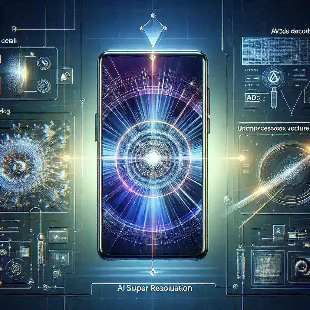 "Mobile device displaying high-quality video streaming with AV1 decode and AI super resolution technology, illustrating the advancements in mobile streaming standards."