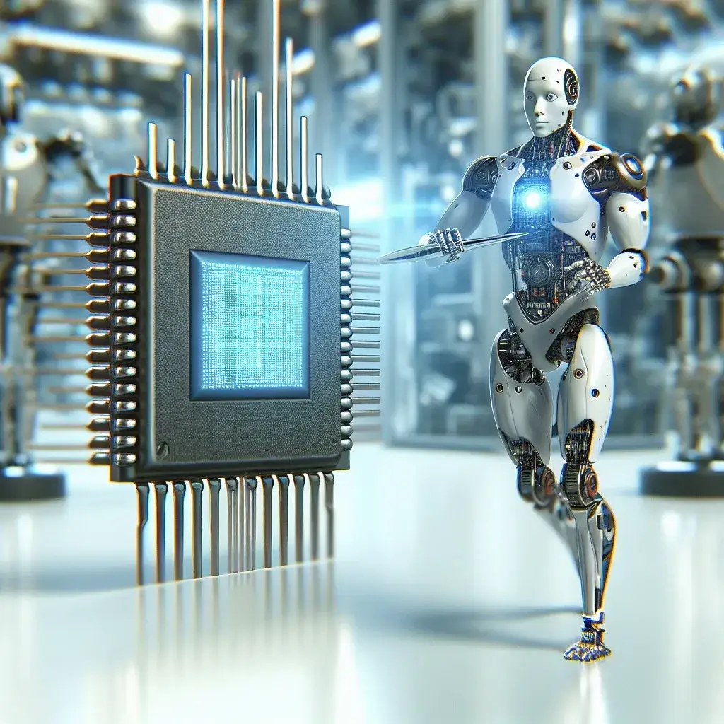 "Intel AI chip for robotics applications showcased at launch event, highlighting advanced technology for enhanced automation and intelligent machine learning in robotics."
